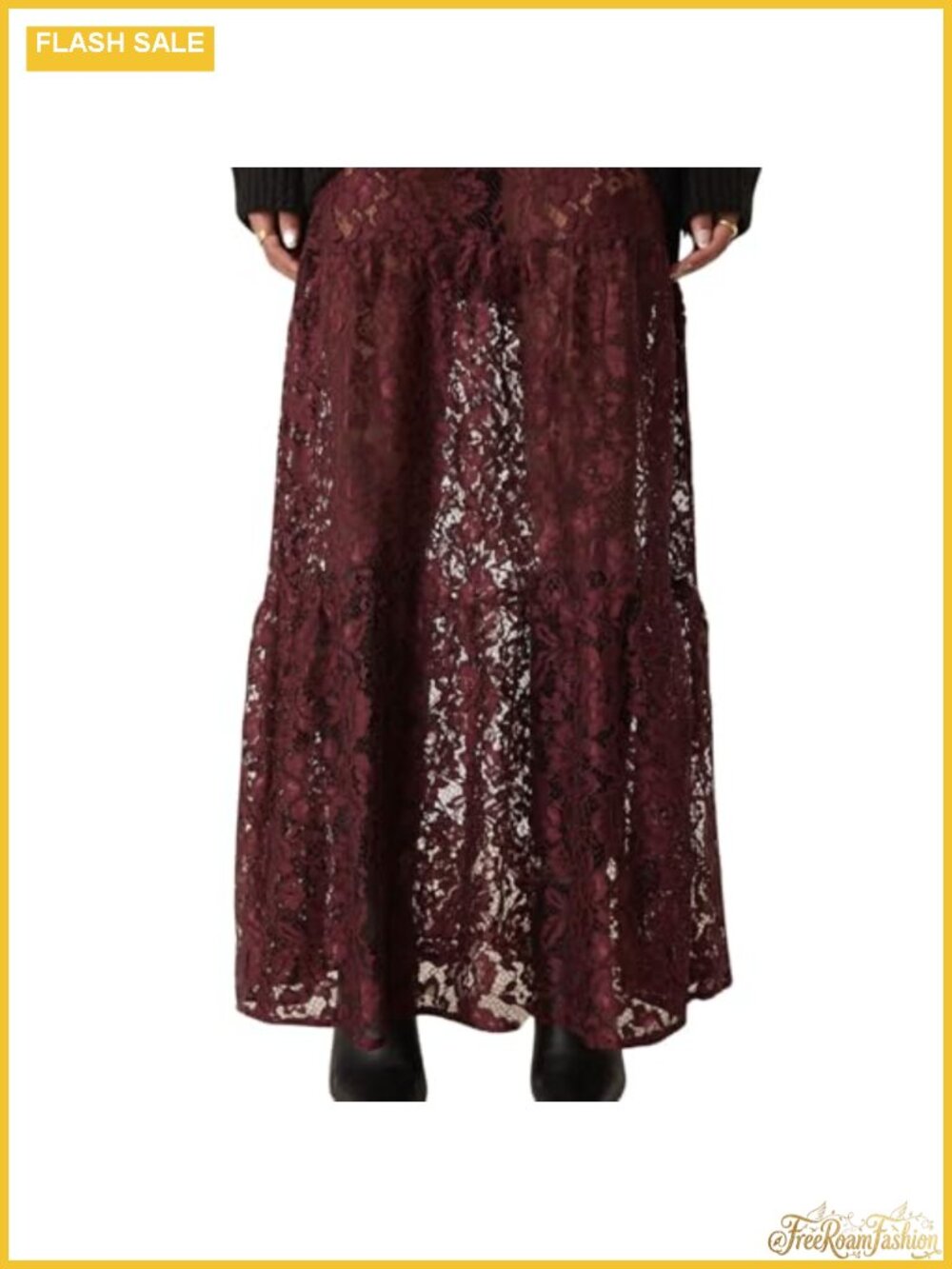 Sheer Lace Tiered Maxi Skirt High Rise A-Line Flowy See Through